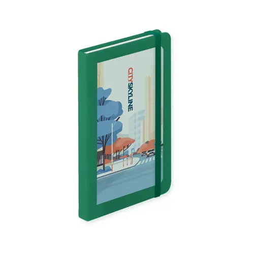 Block notes B7 con copertina in finta pelle e 100 fogli a righe segnalibro e cinturino in gomma coordinati