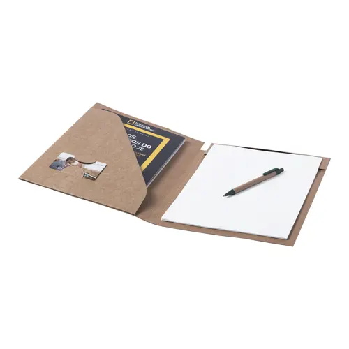 Cartella in cartone ricciclato porta documenti con blocco appunti e penna a sfera in refill blu 23×32cm