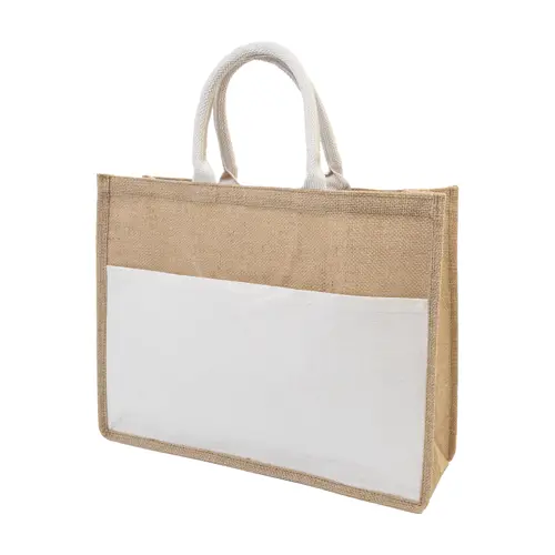Borsa spiaggia in juta con manici in cotone e tasca frontale 44×35×15cm