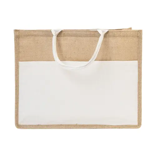Borsa spiaggia in juta con manici in cotone e tasca frontale 44×35×15cm