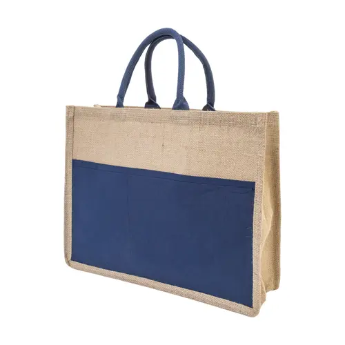 Borsa spiaggia in juta con manici in cotone e tasca frontale 44×35×15cm