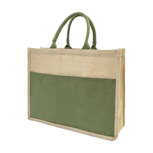 Borsa spiaggia in juta con manici in cotone e tasca frontale 44×35×15cm