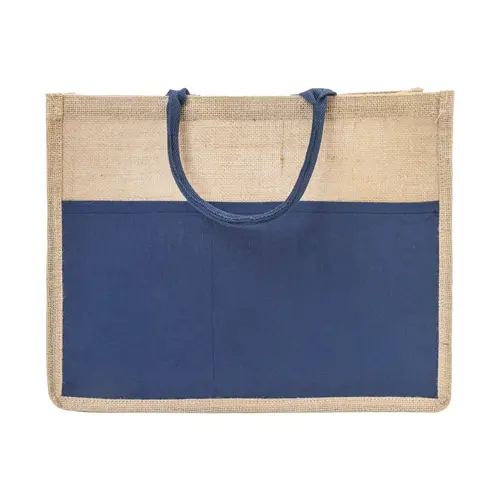 Borsa spiaggia in juta con manici in cotone e tasca frontale 44×35×15cm