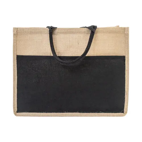 Borsa spiaggia in juta con manici in cotone e tasca frontale 44×35×15cm