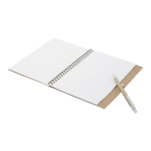 Block notes A5 copertina in carta riciclata e 60 fogli neutri con penna abbinata in refill blu