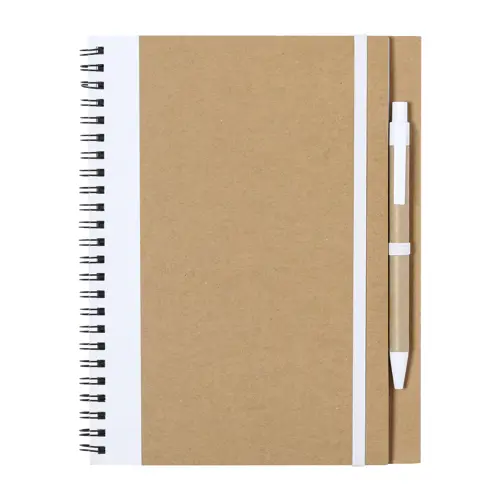 Block notes A5 copertina in carta riciclata e 60 fogli neutri con penna abbinata in refill blu