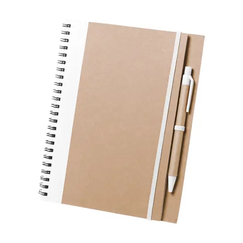 Block notes A5 copertina in carta riciclata e 60 fogli neutri con penna abbinata in refill blu