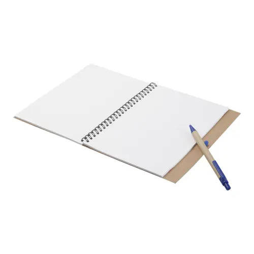 Block notes A5 copertina in carta riciclata e 60 fogli neutri con penna abbinata in refill blu