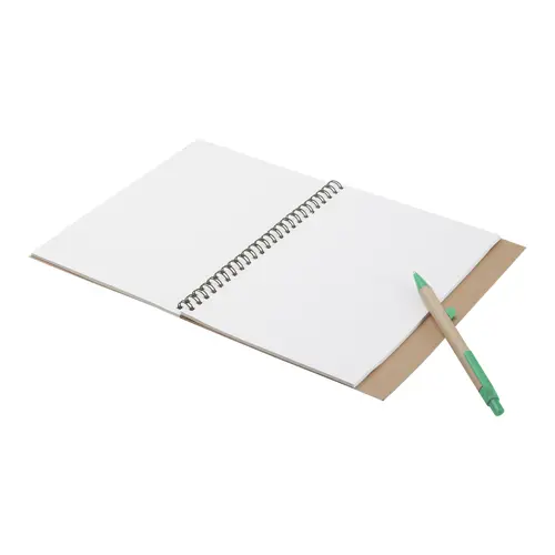 Block notes A5 copertina in carta riciclata e 60 fogli neutri con penna abbinata in refill blu