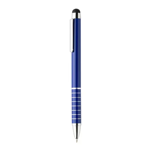 Penna a sfera in alluminio disponibile in vari colori e punta touch con meccanismo a rotazione e refill blu