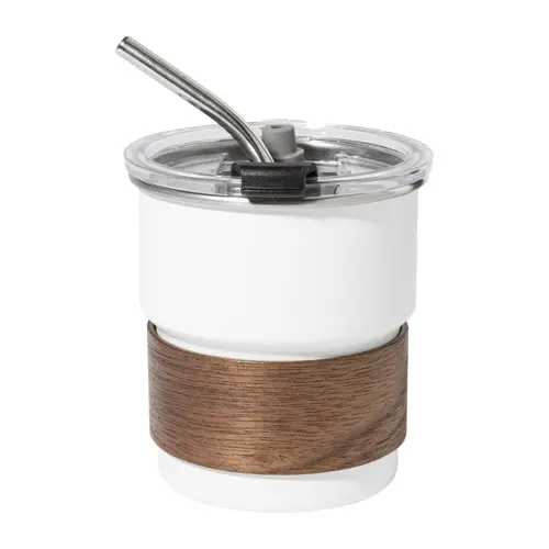 Tazza inox riciclato a parete singola con presa in legno di noce cannuccia e coperchio da 260ml