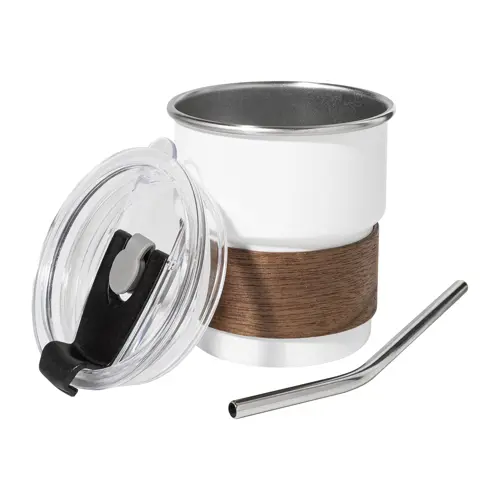 Tazza inox riciclato a parete singola con presa in legno di noce cannuccia e coperchio da 260ml