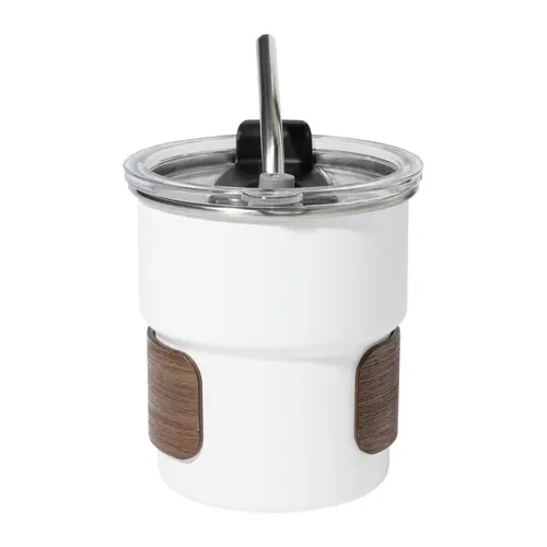 Tazza inox riciclato a parete singola con presa in legno di noce cannuccia e coperchio da 260ml