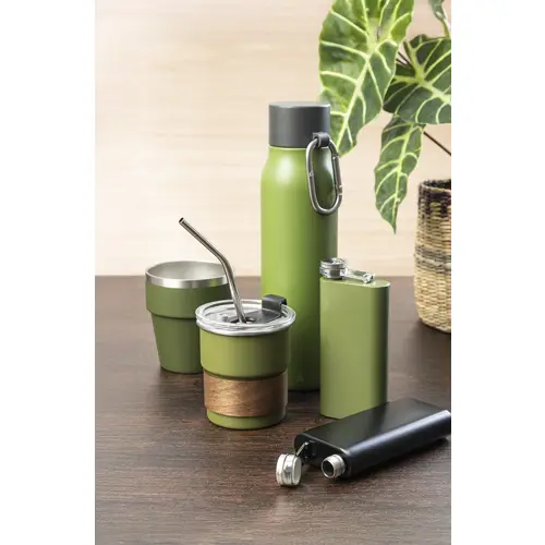 Tazza inox riciclato a parete singola con presa in legno di noce cannuccia e coperchio da 260ml