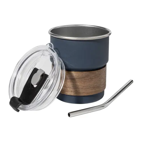 Tazza inox riciclato a parete singola con presa in legno di noce cannuccia e coperchio da 260ml