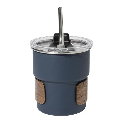 Tazza inox riciclato a parete singola con presa in legno di noce cannuccia e coperchio da 260ml