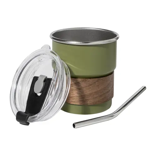 Tazza inox riciclato a parete singola con presa in legno di noce cannuccia e coperchio da 260ml