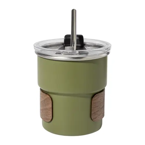 Tazza inox riciclato a parete singola con presa in legno di noce cannuccia e coperchio da 260ml