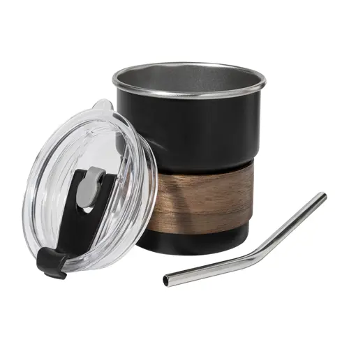 Tazza inox riciclato a parete singola con presa in legno di noce cannuccia e coperchio da 260ml