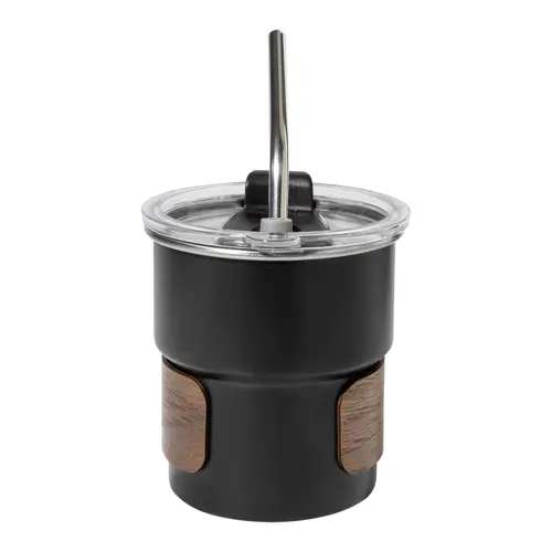 Tazza inox riciclato a parete singola con presa in legno di noce cannuccia e coperchio da 260ml