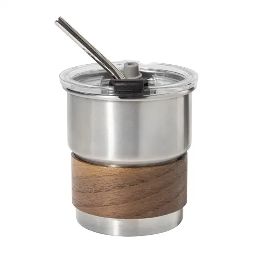 Tazza inox riciclato a parete singola con presa in legno di noce cannuccia e coperchio da 260ml
