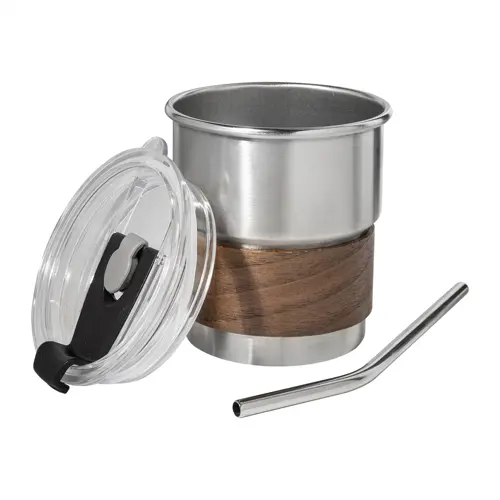 Tazza inox riciclato a parete singola con presa in legno di noce cannuccia e coperchio da 260ml