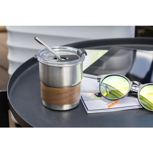 Tazza inox riciclato a parete singola con presa in legno di noce cannuccia e coperchio da 260ml