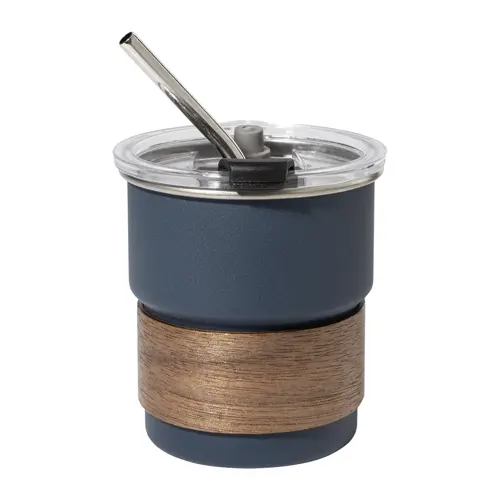 Tazza inox riciclato a parete singola con presa in legno di noce cannuccia e coperchio da 260ml