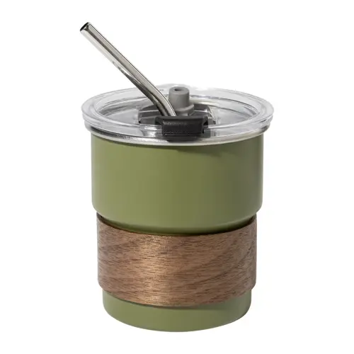Tazza inox riciclato a parete singola con presa in legno di noce cannuccia e coperchio da 260ml