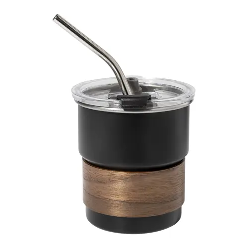 Tazza inox riciclato a parete singola con presa in legno di noce cannuccia e coperchio da 260ml