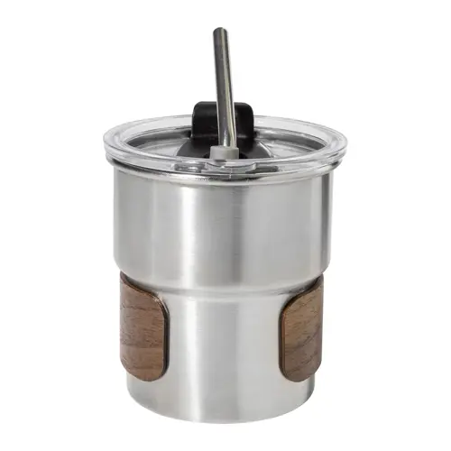 Tazza inox riciclato a parete singola con presa in legno di noce cannuccia e coperchio da 260ml