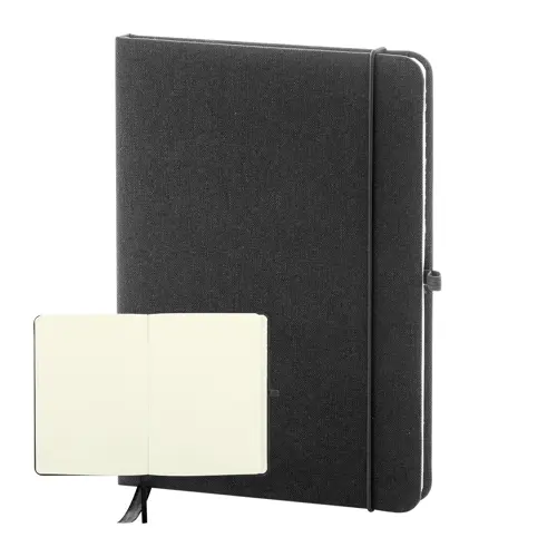 Block notes A5 con copertina in RPET e 80 fogli neutri con segnalibro e portapenna 