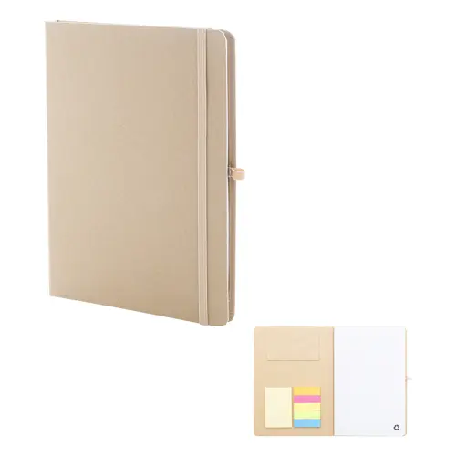 Quaderno A5 con copertina in cartoncino riciclato, foglietti adesivi, tasca, elastico e porta penne