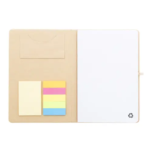 Quaderno A5 con copertina in cartoncino riciclato, foglietti adesivi, tasca, elastico e porta penne
