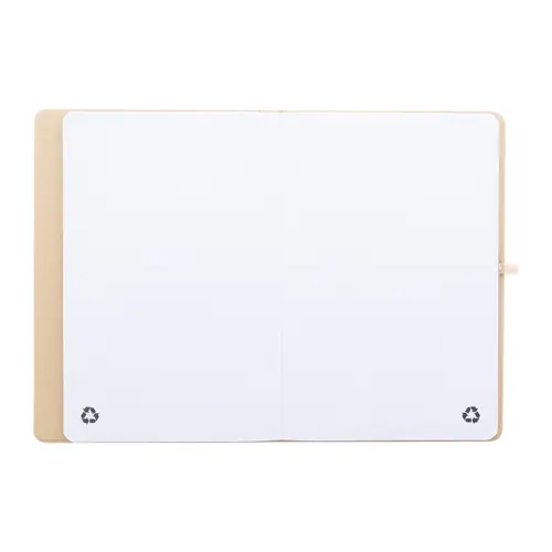 Quaderno A5 con copertina in cartoncino riciclato, foglietti adesivi, tasca, elastico e porta penne