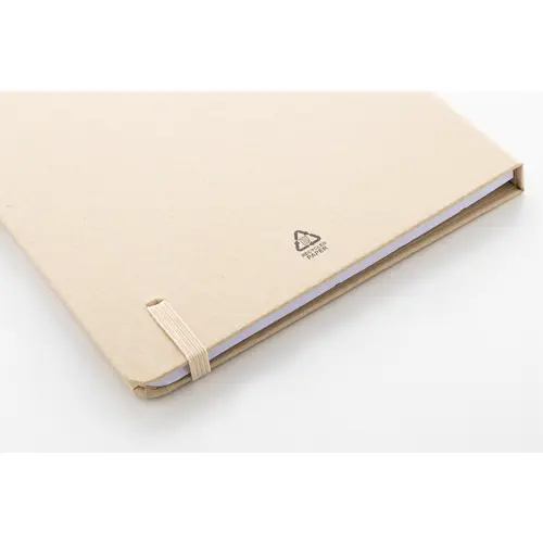 Quaderno A5 con copertina in cartoncino riciclato, foglietti adesivi, tasca, elastico e porta penne