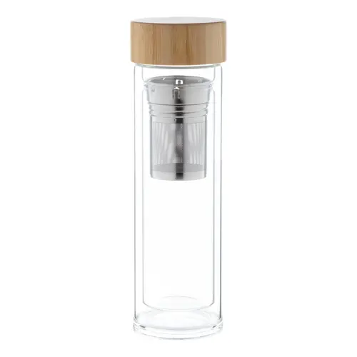 Borraccia in vetro con infusore per tè e coperchio in bambù da 420 ml.