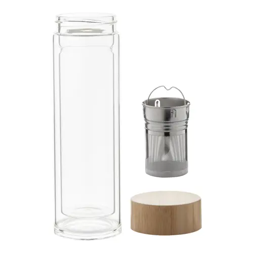 Borraccia in vetro con infusore per tè e coperchio in bambù da 420 ml.