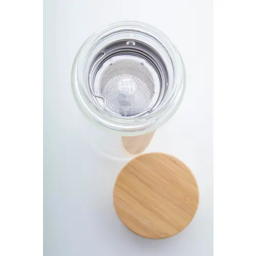 Borraccia in vetro con infusore per tè e coperchio in bambù da 420 ml.