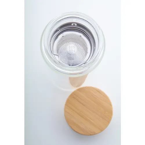 Borraccia in vetro con infusore per tè e coperchio in bambù da 420 ml.