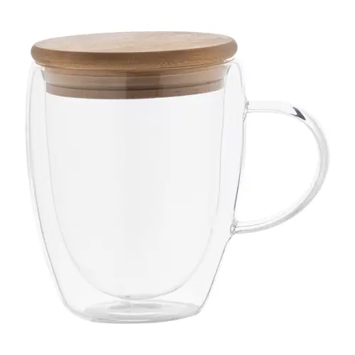 Bicchiere termico in vetro borosilicato a doppia parete con coperchio in bambù 350ml
