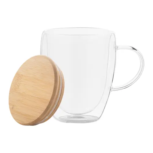 Bicchiere termico in vetro borosilicato a doppia parete con coperchio in bambù 350ml