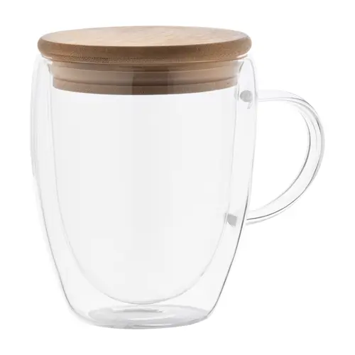 Bicchiere termico in vetro borosilicato a doppia parete con coperchio in bambù 350ml