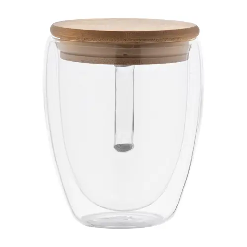 Bicchiere termico in vetro borosilicato a doppia parete con coperchio in bambù 350ml