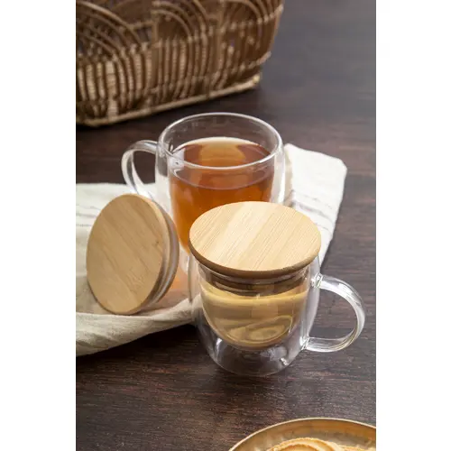 Bicchiere termico in vetro borosilicato a doppia parete con coperchio in bambù 350ml