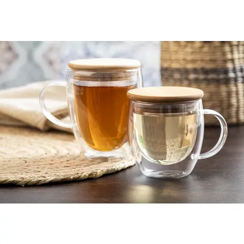 Bicchiere termico in vetro borosilicato a doppia parete con coperchio in bambù 350ml