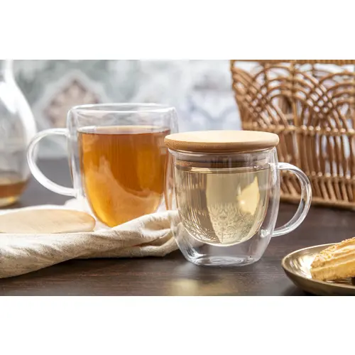 Bicchiere termico in vetro borosilicato a doppia parete con coperchio in bambù 350ml