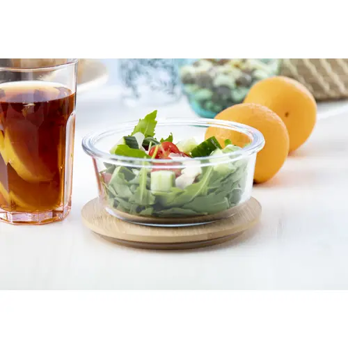 Porta pranzo tondo in vetro con coperchio in bambù da 650ml