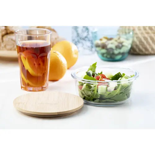 Porta pranzo tondo in vetro con coperchio in bambù da 650ml