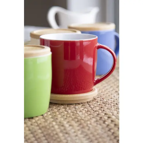 Tazza in ceramica colorata di alta qualità da 335ml con interno bianco sottobicchiere coperchio in bambù